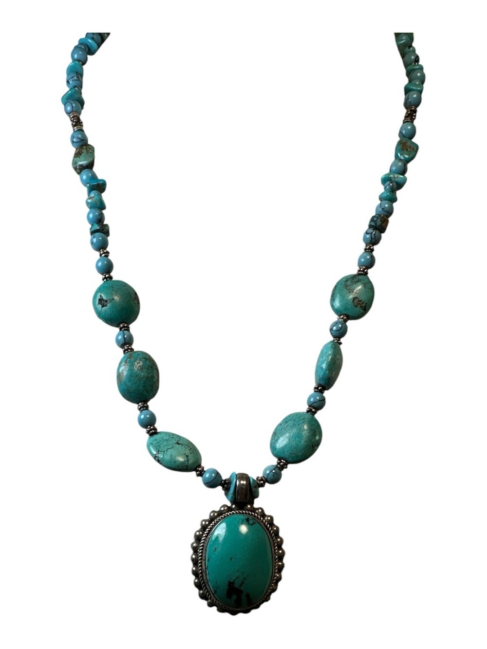 Vintage Southwestern Sterling Silver Chunky Turquoise Nugget Necklace